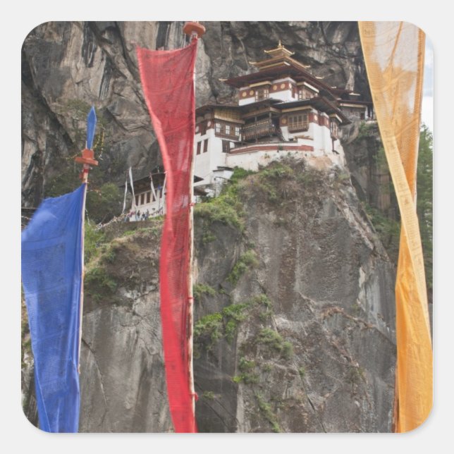 Prayer flags hang near Taktshang Square Sticker (Front)