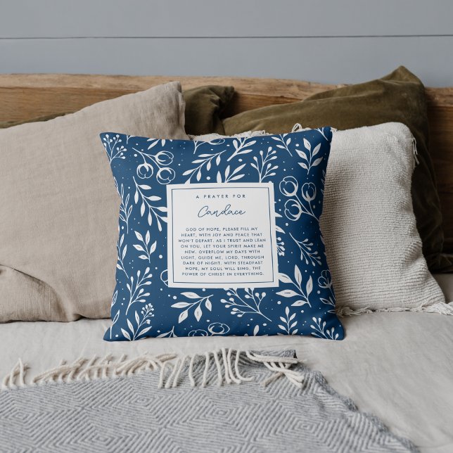  Prayer for Joy Peace Gift Scripture Blue Floral Throw Pillow (Faith-filled scripture pillow featuring editable prayer poem front.)