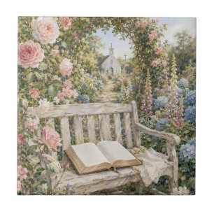 Prayer Garden Bench Chapel Watercolor Tile
