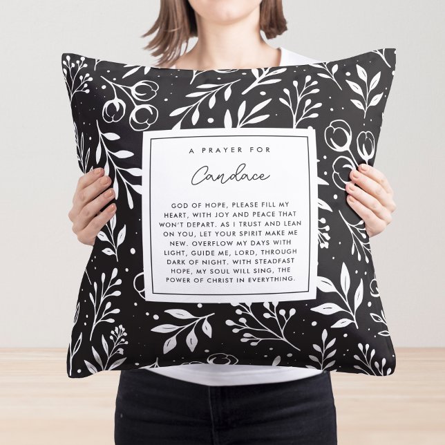  Prayer Keepsake Gift Scripture Black Floral Throw Pillow (Custom Christian pillow with your name & editable prayer poem design.)