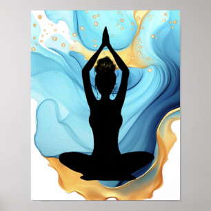 Prayer Pose Yoga woman Blue Gold messy bun blue Poster