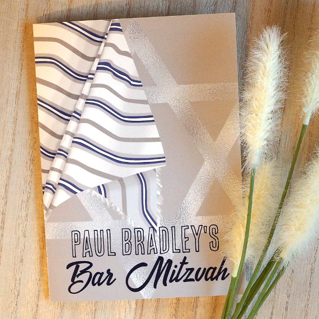 Prayer Shawl Tallit Blue Silver Star of David Invitation (Unique Budget Blue, Silver Jewish Star of David and Prayer Shawl Bar Mitzvah Invitations. )