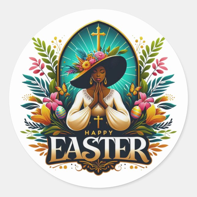Praying African American Woman Religious Easter Classic Round Sticker (Front)