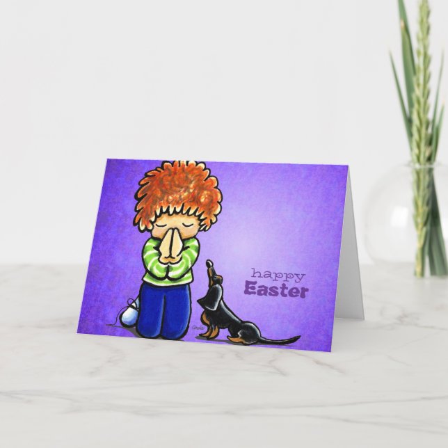 Praying Boy with Dachshund Faith Custom Holiday Card (Front)