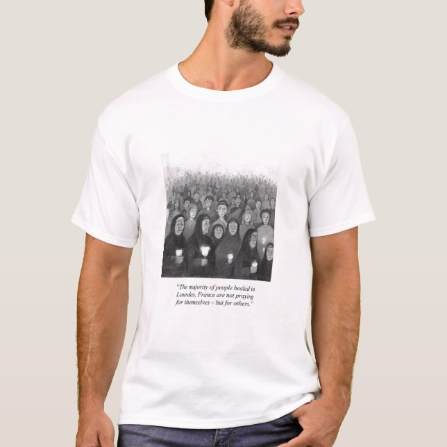 Praying by candle light in Lourdes, France T-Shirt (Front)