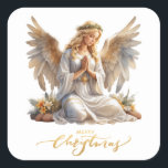 Praying Christmas Angel Square Sticker<br><div class="desc">These Christmas stickers feature an angel with hands folded in prayer. Below are the words "Merry Christmas."</div>