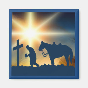 Praying Cowboy With Horse At Cross Magnet