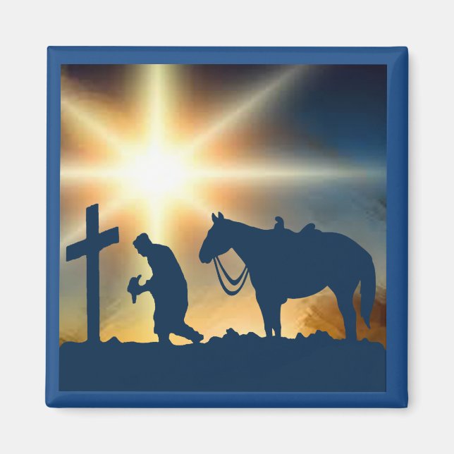 Praying Cowboy With Horse At Cross Magnet (Front)