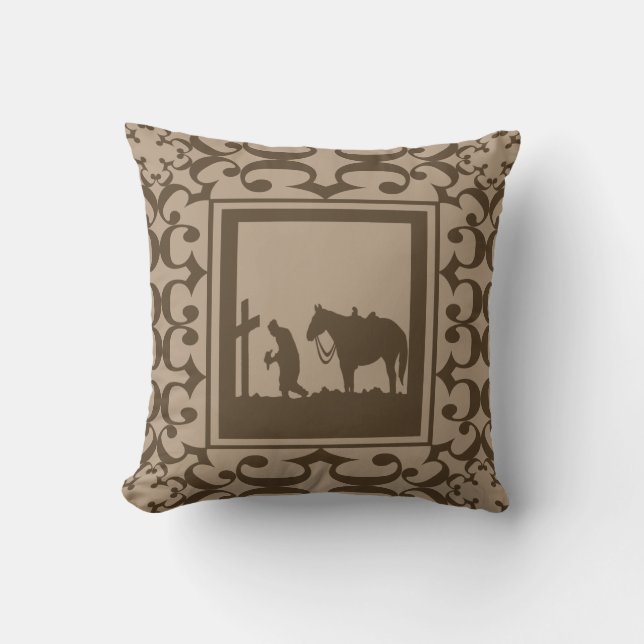 Praying Cowboy With Horse At Cross Western Custom Throw Pillow (Front)