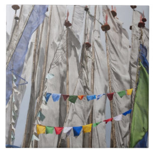 Praying flag poles in mountain, Yotongla Pass 2 Tile
