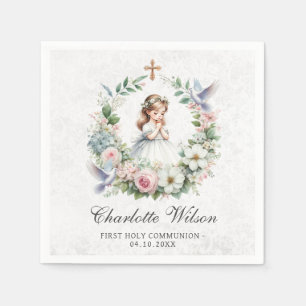 Praying Girl White Doves Floral First Communion Napkin