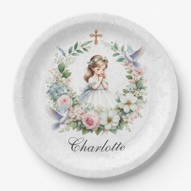 Praying Girl White Doves Floral First Communion Paper Plate (Front)