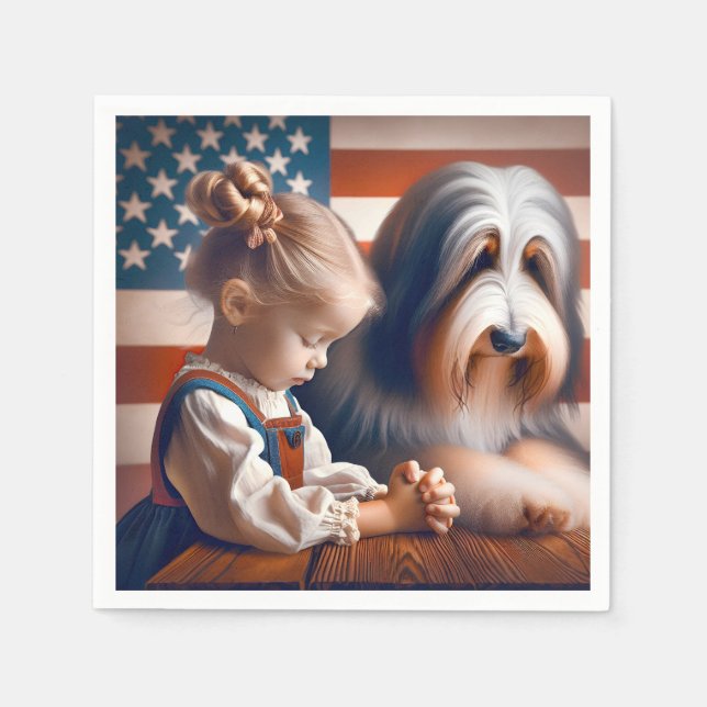 Praying Girl With Bearded Collie Napkin (Front)