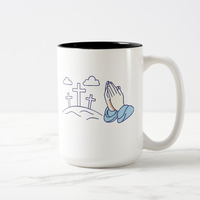 Praying Hands and Calvary Crosses Two-Tone Coffee Mug (Right)