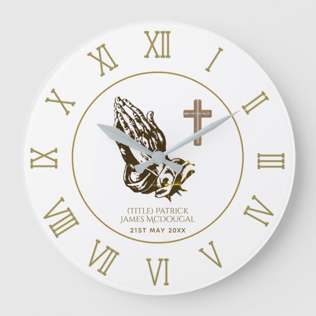 Praying Hands and Cross Personalized Church Faith Large Clock (Front)
