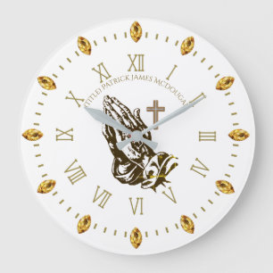 Praying Hands and Cross Personalized Church Faith Large Clock
