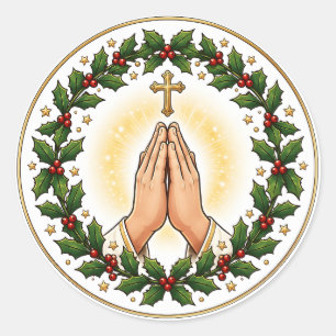 Praying Hands Christmas Holly Wreath Ceramic  Classic Round Sticker
