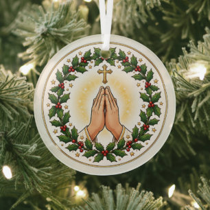 Praying Hands Christmas Holly Wreath Ceramic Glass Ornament