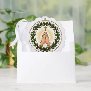 Praying Hands Christmas Holly Wreath Ceramic Ornament Card