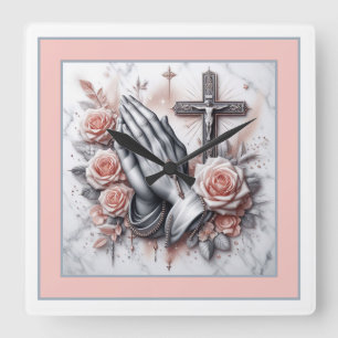 Praying Hands, Crucifix and Roses  Square Wall Clock