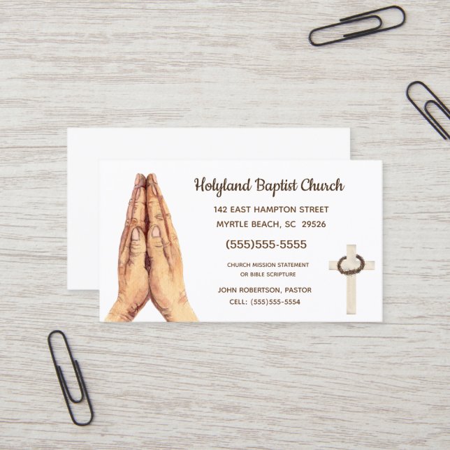 Praying Hands White Cross Church Business Cards (Front/Back In Situ)