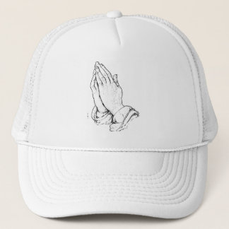 praying hands/white trucker hat