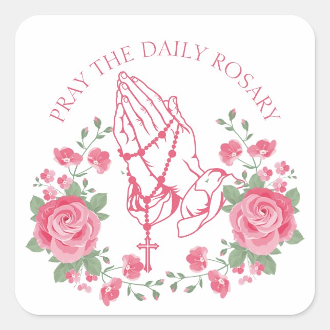 Praying Hands with Rosary and Pink Roses Square St Square Sticker (Front)