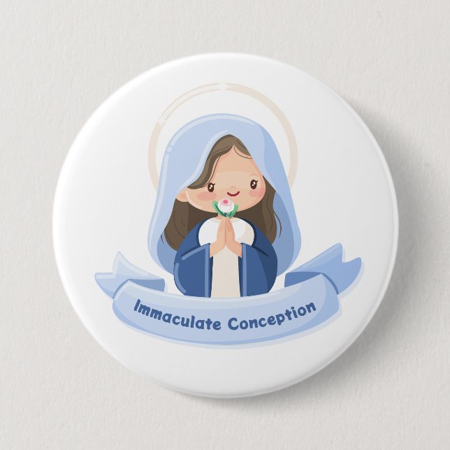Praying Kawaii Virgin Mary with Flower – White 3 Inch Round Button (Front)