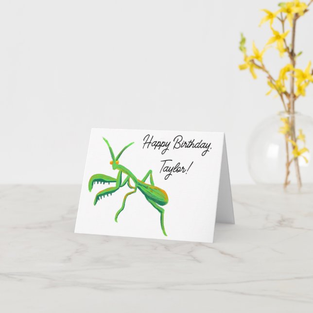 Praying Mantis in Bright Green Personalized Card (Yellow Flower)