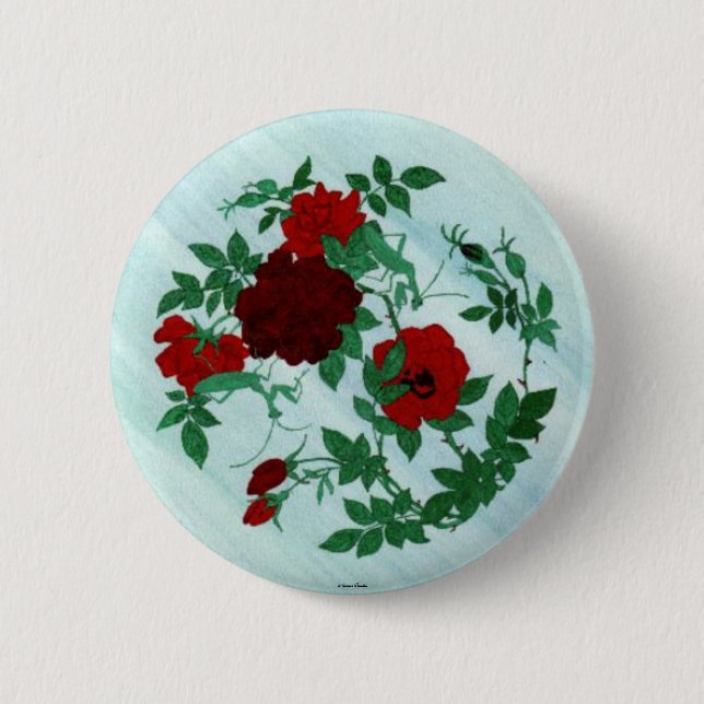 Praying Mantis & Red Roses Button (Front)