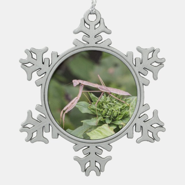Praying Mantis Snowflake Pewter Christmas Ornament (Front)