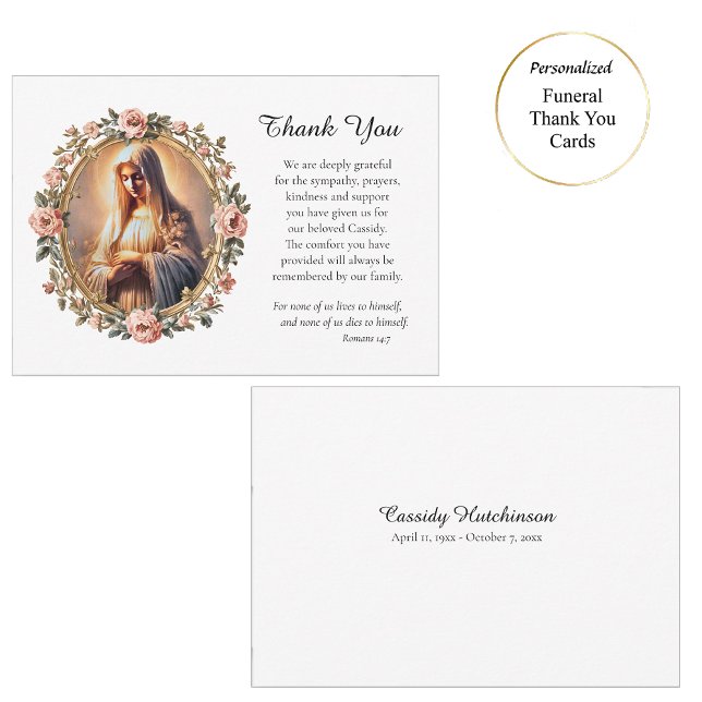 Praying Virgin Mary Rose Frame Catholic Funeral Thank You Card (Creator Uploaded)
