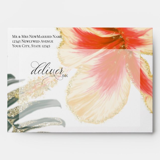 Pre-Addressed Tropical Scarlet and Yellow Flower Envelope (Front)