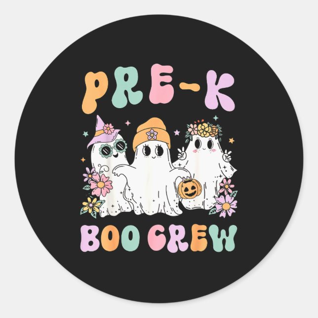 Pre-k Boo Crew Groovy Halloween Floral Ghost Pre K Classic Round Sticker (Front)