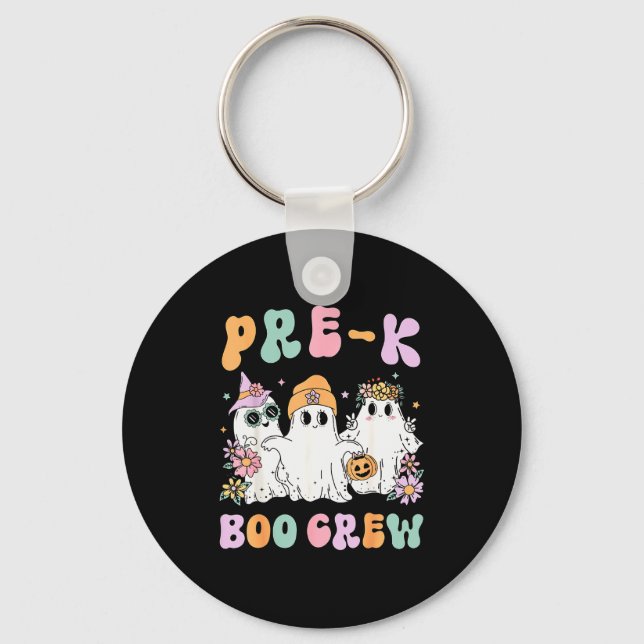 Pre-k Boo Crew Groovy Halloween Floral Ghost Pre K Keychain (Front)