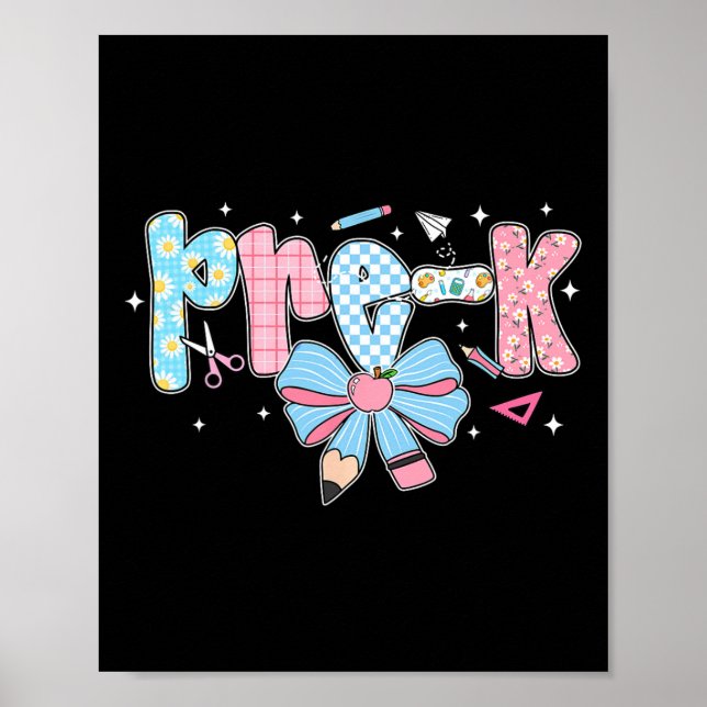 Pre-k Bow Pencil Chequered Funny Back To School  Poster (Front)