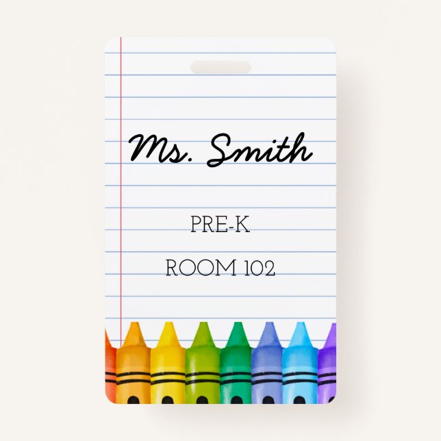 Pre-K Daycare Teacher Badge with Primary Crayons (Front)