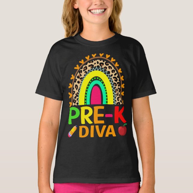 Pre-K Diva Rainbow Leopard Back To School T-Shirt (Front)