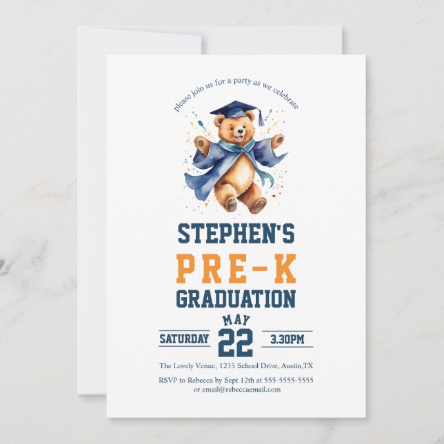 Pre-K Graduation Party Cute Teddy Bear  Invitation (Front)