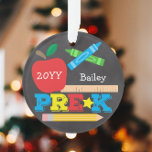 Pre-K Preschool Keepsake Chalkboard Colourful Ornament<br><div class="desc">This Pre-K ornament features an apple, a ruler, crayons and bold, colourful fun typography! Click the customize button for more options for modifying the text! Variations of this design, additional colours, as well as coordinating products are available in our shop, zazzle.com/store/doodlelulu. Contact us if you need this design applied to...</div>