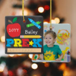 Pre-K Preschool Keepsake Chalkboard Colourful Phot Ceramic Ornament<br><div class="desc">Pre-K photo ornament design features an apple, a ruler, crayons and bold, colourful fun typography! Click the customize button for more options for modifying the text! Variations of this design, additional colours, as well as coordinating products are available in our shop, zazzle.com/store/doodlelulu. Contact us if you need this design applied...</div>