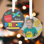 Pre-K Preschool Keepsake Chalkboard Colourful Phot Ornament<br><div class="desc">This photo Pre-K ornament features an apple, a ruler, crayons and bold, colourful fun typography! Click the customize button for more options for modifying the text! Variations of this design, additional colours, as well as coordinating products are available in our shop, zazzle.com/store/doodlelulu. Contact us if you need this design applied...</div>