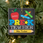 Pre-K Preschool Teacher Keepsake Bright Chalkboard Ceramic Ornament<br><div class="desc">Pre-K teacher ornament design features an apple, crayons, a pencil and bold, colourful fun typography! Click the customize button for more options for modifying the text! Variations of this design, additional colours, as well as coordinating products are available in our shop, zazzle.com/store/doodlelulu. Contact us if you need this design applied...</div>