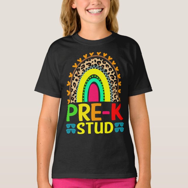 Pre-K Stud Rainbow Leopard Back To School T-Shirt (Front)
