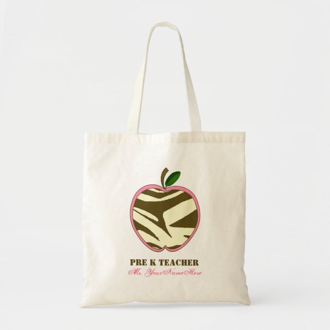 Pre K Teacher Bag - Brown Zebra Print Apple (Front)