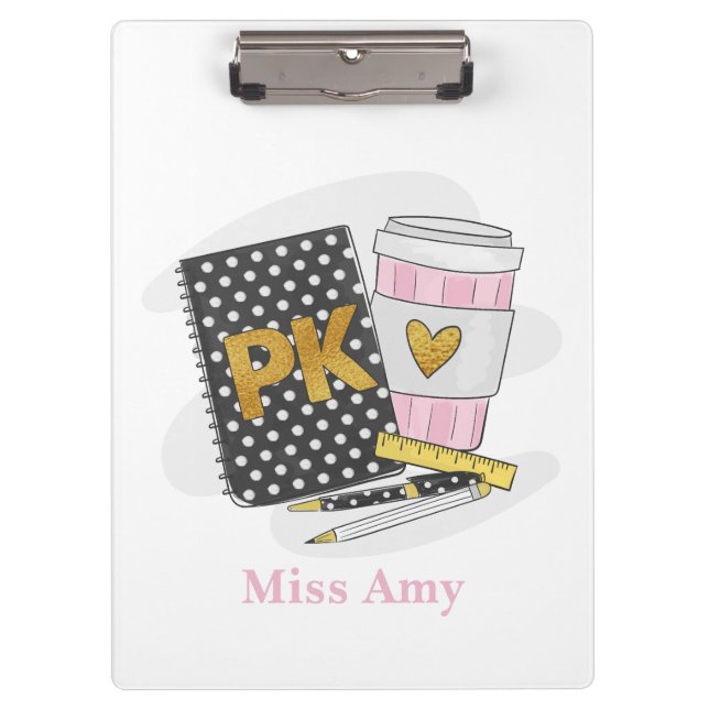 Pre K Teacher Custom Black Book Preppy Coffee Clipboard (Front)