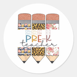 Pre-k Teacher Fun Leopard Pencil Happy First Day O Classic Round Sticker
