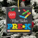 Pre-K Teacher Keepsake Chalkboard Colourful Ceramic Ornament<br><div class="desc">Pre-K teacher ornament design features an apple, a ruler, crayons and bold, colourful fun typography! Click the customize button for more options for modifying the text! Variations of this design, additional colours, as well as coordinating products are available in our shop, zazzle.com/store/doodlelulu. Contact us if you need this design applied...</div>