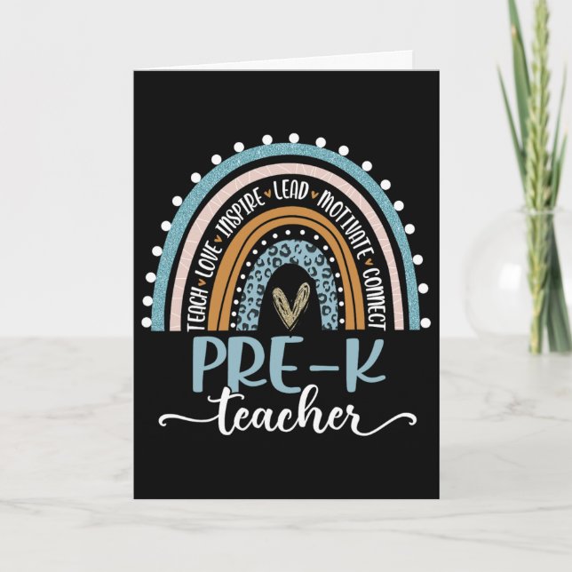 Pre-k Teacher Leopard Boho Rainbow Back To School  Card (Front)