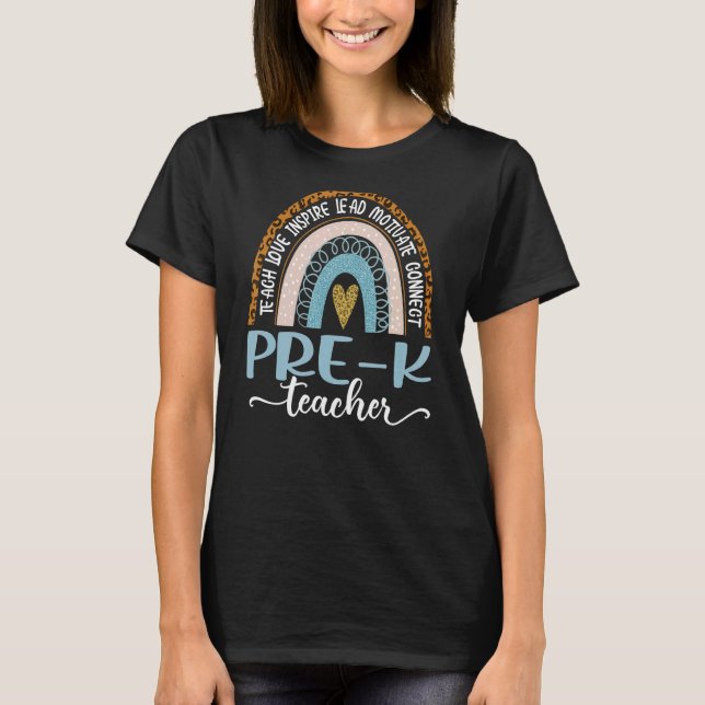 Pre K Teacher Leopard Boho Rainbow Back To School T-Shirt (Front)
